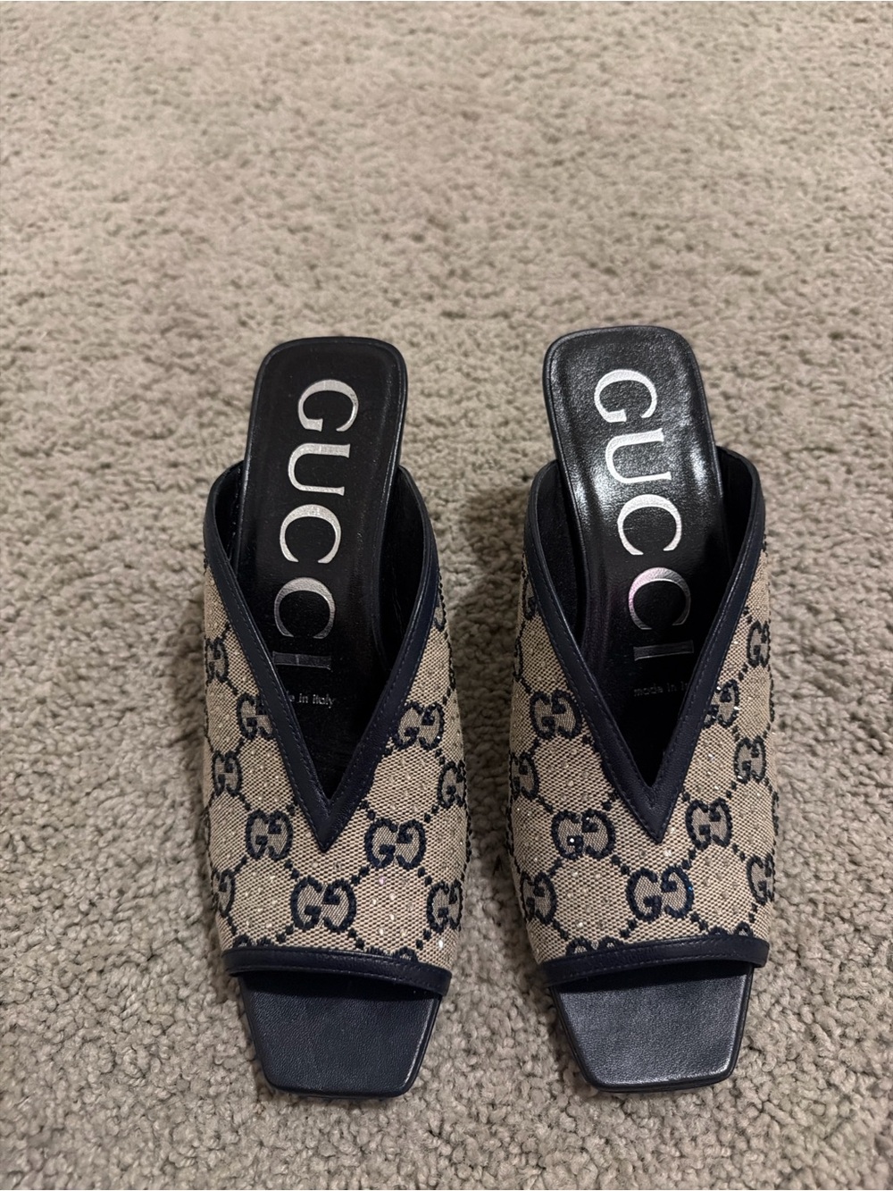 Gucci Beige & Navy GG Canvas Slip-On Open Square-Toe Mules